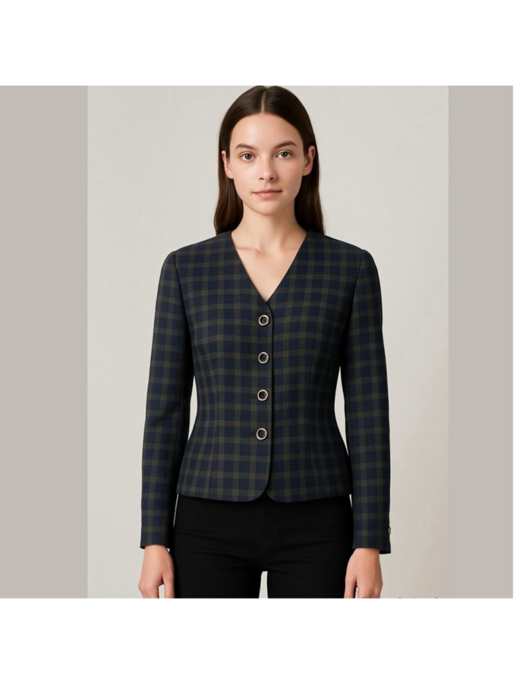 Vintage 100% Wool Navy Windowpane Plaid Tailored Short Jacket by Barry Pace US S